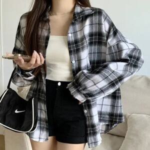 여성 데일리 간절기 루즈핏 체크 셔츠 여자 트렌디 모던 봄 가을 체형 커버 오버핏 셔