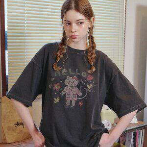 HELLO FLOWER 피그먼트 반팔티 스모크블랙