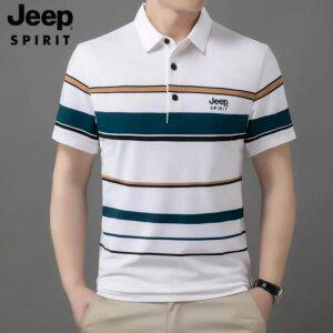 JEEP SPIRIT 남성 반팔 여름 셔츠 스트라이프 카라 티셔츠
