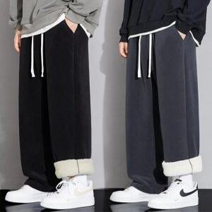 모던 트렌디 양면 융털기모 안감 보온 방한 와이드 트레이닝 바지 심플 베이직 방풍 팬