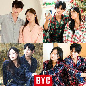 BYC 외 커플 잠옷 세트 수면 겨울 울트라 밍크 스판 긴팔 남성 여성 파자마 바지 체크
