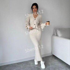 여성 니트 브이넥 가디건 스커트 세트 투피스