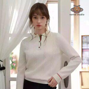 [본보스튜디오]여성 넥라인 배색 소매라인 컬러포인트 입체패턴 카라니트