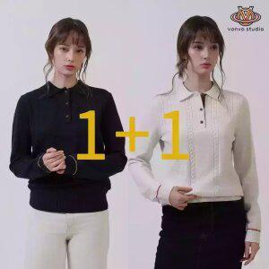 (1+1)[본보스튜디오]여성 넥라인 배색 소매라인 컬러포인트 입체패턴 카라니트