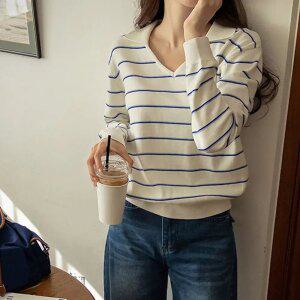 마르 스트라이프 브이 카라 니트