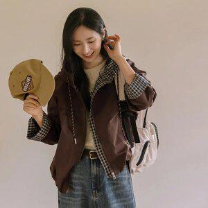 아웃도어 체크배색 후드점퍼