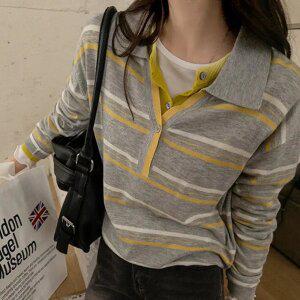 톤업 컬러줄지 소프트 카라니트