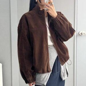 하이넥 스웨이드자켓 블루종 스트링 세미크롭 오버핏 세무자켓