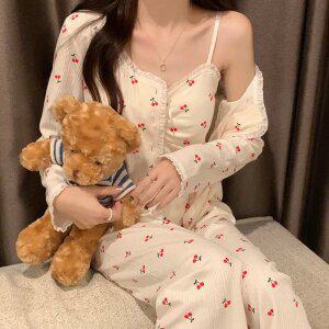 잠옷 3피스 세트 끈나시 민소매 가디건 바지 가을 여성 파자마 간절기