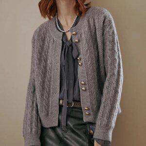 [MAXZA] 골드버튼 트위스트 케이블 라운드넥 가디건