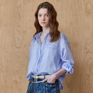 [MAXZA] 자수 레이스 도비 스트라이프 셔츠 블라우스