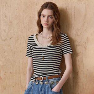 [MAXZA] 스트라이프 패턴 U넥 반팔 니트