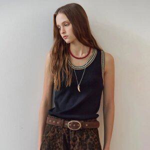 [MAXZA] 메탈사 배색 라인 U넥 슬리브리스 니트