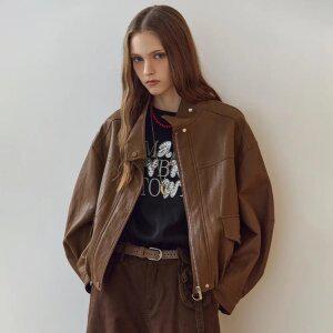 [MAXZA] 페이크 레더 체크 배색 하이넥 블루종 점퍼