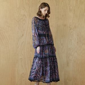 [MAXZA] 에스닉 패턴 보트넥 쉬폰 롱 원피스