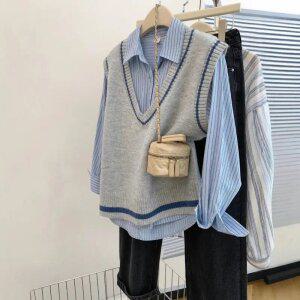 여성 봄 가을 레이어드 V넥 니트 조끼