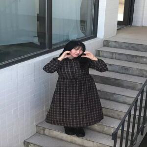 소프트 체크 프레임 롱 원피스-브라운