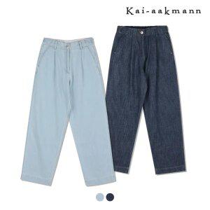 [카이아크만]여)린넨라이크 데님워싱 1/2밴딩 플리츠 와이드(FKRMDDW570P)