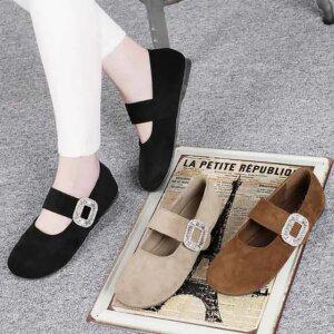 린트 큐빅 여성 스웨이드 플랫슈즈 메리제인 스트랩 구두 여자 통굽 단화