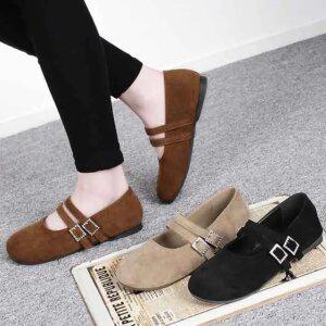 캐치 큐빅 여성 스웨이드 플랫슈즈 메리제인 스트랩 구두 여자 통굽 단화