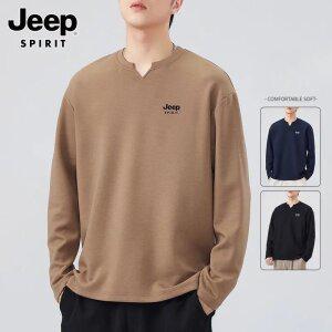 JEEP SPIRIT 남자 링클프리 긴팔 슬릿넥 티셔츠 봄 가을 V넥 티셔츠