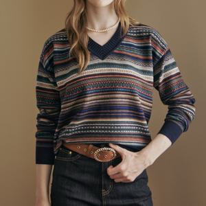 [MAXZA] 브이넥 배색 노르딕 패턴 니트