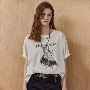 [MAXZA] 레오파드 리본 큐빅 프린트 라운드넥 티셔츠