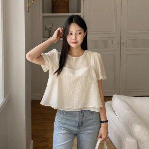 [3사이즈] 투웨이 레이어드 심플 반팔 블라우스