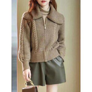 여성 퍼 카라 니트 점퍼 꽈배기 스웨터 루즈핏 따뜻한 집업 아우터 빅사이즈 ~XL까지