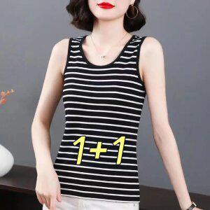 1+1 여성 라운드넥 스판 나시 티셔츠 슬림핏 스트라이프 이너티 여름 얇은 상의