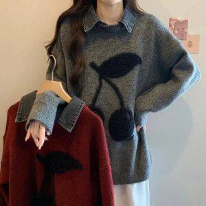 여성스웨터 빅사이즈 자수 레이어드 데님 카라 니트 풀오버 봄가을 롱스웨터 ~XL까지