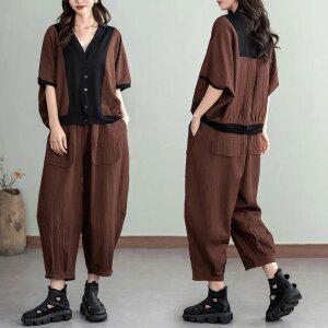 여름 여성 브이넥 반팔 블라우스 밴딩 포캣 와이드 팬츠 세트 빅사이즈 반팔티 배기팬