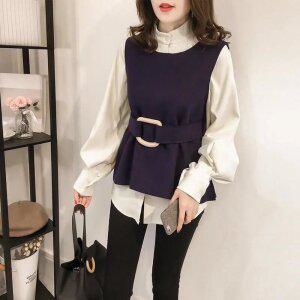 여성 캐주얼 세트 봄가을 모직 민소매 조끼 긴팔 퍼프 셔츠 투피스 언발 블라우스 ~3X