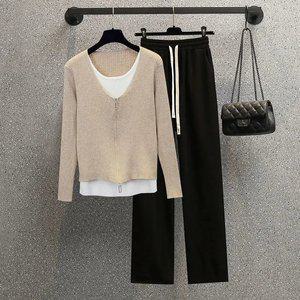 빅사이즈 츄리닝 니트셋업 가을겨울 레이어드 긴팔티 와이드 팬츠 상하세트 투피스
