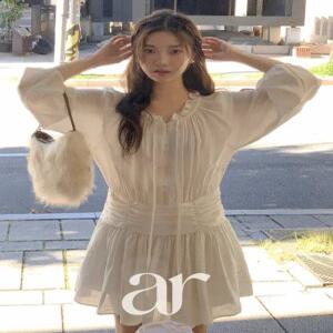 (러블리여신핏/바디보정라인/청순무드) 보헨 오프숄더 셔링 주름 플레어 미니 원피스