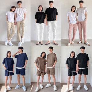 이지웨어 나들이룩 트레이닝 세트 남성 여성 커플 슬랙스 반바지 면팬츠 밴딩 5부 9부