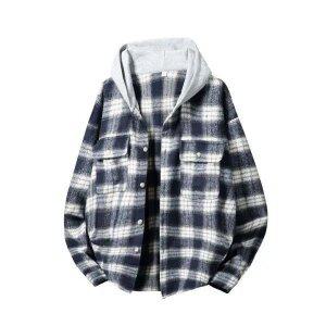 남자 여자 커플룩 후드 체크 셔츠 오버핏 모직 셔츠