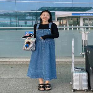 MADE 피넛진 셔링 멜빵 롱 원피스 (2color)