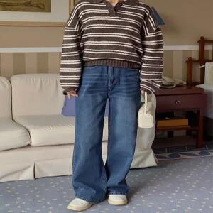 10637 진청 스판 일자 와이드핏 데님 (one color) 히든밴딩