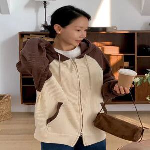 와플팝콘 배색 오버핏 후드집업 (4 color)