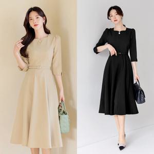 [시크라인] 페티안 원 쥬얼리 벨티드 플레어 원피스 빅사이즈/오피스룩/하객룩