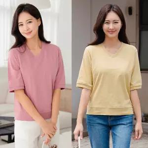 여자 여름 브이넥 쭈리 면 반팔 5부 맨투맨 티셔츠 40-50대 미시 캐주얼 엄마
