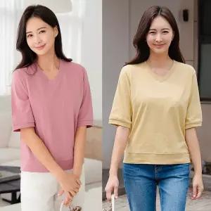 [드리다]드리다 여자 여름 브이넥 쭈리 면 반팔 5부 맨투맨 티셔츠 40-50대 미시 캐주얼 엄마옷 등원 출근