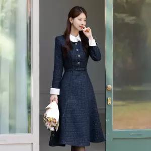 [시크라인] (~XXL까지) 제몬 셔츠 레이어드 트위드 벨트 원피스 겨울 하객룩 오피스룩 모임룩 격식룩 연말룩 빅사이즈