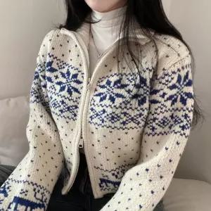 (투웨이 집업) 노르딕 크롭 눈꽃 루돌푸 집업니트