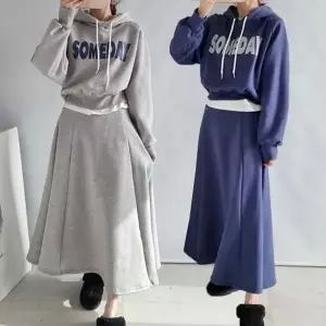 여성 나염 면 후드티 플레어 롱스커트 세트 츄리닝 트레이닝 투피스 셋업 -WSST0082- 봄 가을
