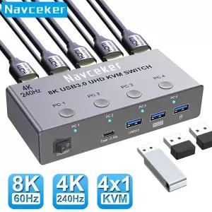 Navceker 4K 240Hz KVM 스위치 HDMI 4x1 8K KVM 4 PC 스위처 4포트 USB 3.0 셀렉터 4아웃 모니터 마우스 키
