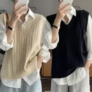 여자 고급스러운 꽈배기 패턴 브이넥 스타일 조끼