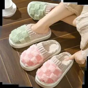 홈슬리퍼 체크무늬 방한 털실내화 푹신 미끄럼방지 내피 털기모