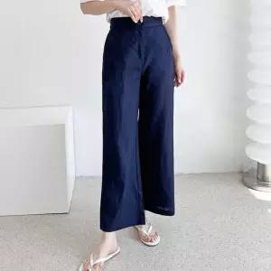 여름 린넨 와이드팬츠 뒷밴딩 9부바지 심플 오피스룩 옆지퍼슬랙스 키작녀바지 여성치노